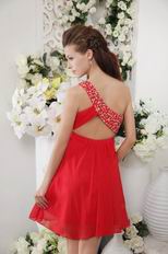 One Shoulder Designer Red Chiffon Short Prom Dress With Beading