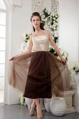 Brown Halter Tea-length Prom Dress With Champagne Lace