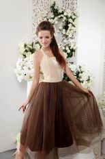 Brown Halter Tea-length Prom Dress With Champagne Lace