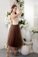 Brown Halter Tea-length Prom Dress With Champagne Lace