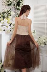 Brown Halter Tea-length Prom Dress With Champagne Lace