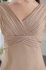 V-neck Champagne Chiffon Fabric Tea-length Prom Dress Cheap
