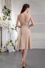 V-neck Champagne Chiffon Fabric Tea-length Prom Dress Cheap