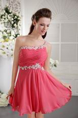 Single One Shoulder Coral Red Short Prom Dress With Applique