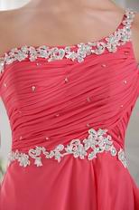 Single One Shoulder Coral Red Short Prom Dress With Applique