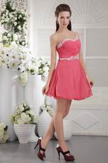 Single One Shoulder Coral Red Short Prom Dress With Applique