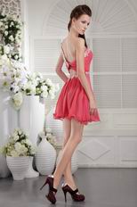 Single One Shoulder Coral Red Short Prom Dress With Applique