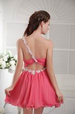 Single One Shoulder Coral Red Short Prom Dress With Applique