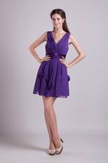 Eggplant V-neck Short Chiffon Prom Dress With Handcrafted Flower