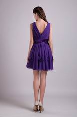 Eggplant V-neck Short Chiffon Prom Dress With Handcrafted Flower