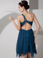 One Shoulder Cross Back Cascade Skirt Strong Blue Short Prom Dress