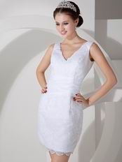Low Price Column V-neck Lace Short Prom Dress In White