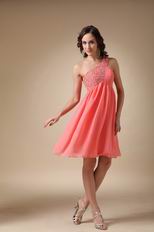 Watermelon Beaded Short Prom Dress With One Shoulder Skirt