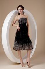 Strapless Tea-length Flaring Black Organza Short Prom Dress