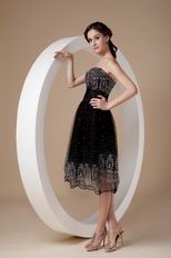 Strapless Tea-length Flaring Black Organza Short Prom Dress