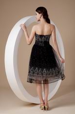 Strapless Tea-length Flaring Black Organza Short Prom Dress