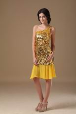 Single One Shoulder Golden Flaring Sequin Fabric Short Prom Dress