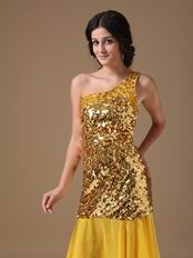 Single One Shoulder Golden Flaring Sequin Fabric Short Prom Dress
