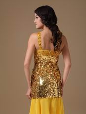 Single One Shoulder Golden Flaring Sequin Fabric Short Prom Dress