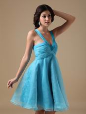 Straps V-neck Knee-length Aqua Organza Short Prom Dress