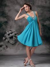 V-neck Mini-length Dodger Blue Chiffon Short Prom Dress