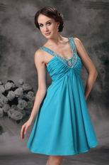 V-neck Mini-length Dodger Blue Chiffon Short Prom Dress