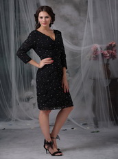 V-neck 3/4 Sleeves Black Lace Mother of the Bride Dress Luxury