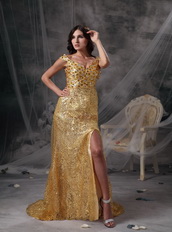 Golden Sequin V-neck Long Skirt With Split Night Club Dress Luxury