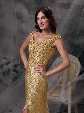 Golden Sequin V-neck Long Skirt With Split Night Club Dress Luxury