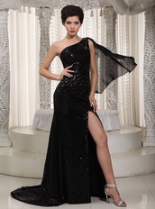 One Shoulder Black Sequin Evening Club Dress For Sexy Lady Luxury