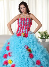 Aqua Quinceanera Dress With Rose Pink Flowers Bodice and Skirt Luxury