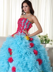 Aqua Quinceanera Dress With Rose Pink Flowers Bodice and Skirt Luxury