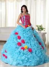 Aqua Quinceanera Dress With Rose Pink Flowers Bodice and Skirt Luxury