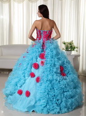 Aqua Quinceanera Dress With Rose Pink Flowers Bodice and Skirt Luxury