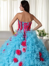 Aqua Quinceanera Dress With Rose Pink Flowers Bodice and Skirt Luxury