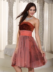 Rust Red Short Prom Dress With Birds Feather Printed Design Luxury