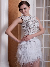 Scoop Neck Lace Bodice Cocktail Dress With Feather Mini Skirt Luxury