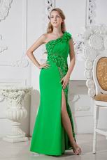 Unique One Shoulder Sequin Leaves Bright Green Prom Dress With Split