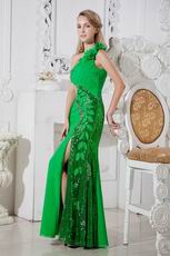 Unique One Shoulder Sequin Leaves Bright Green Prom Dress With Split