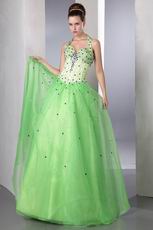 Halter Spring Green Organza Prom Dress With Purple Crystals