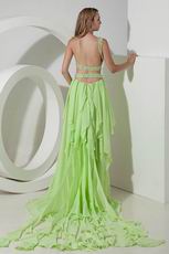 Asymmetrical Spring Green Panel Train Evening Dress