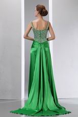 Beaded Front Split Panel Train Spring Green Evening Dress