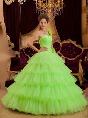 Flowers Strap Lemon Green Layers Organza Skirt Quinceanera Dress