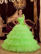 Flowers Strap Lemon Green Layers Organza Skirt Quinceanera Dress