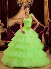 Flowers Strap Lemon Green Layers Organza Skirt Quinceanera Dress