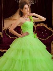 Flowers Strap Lemon Green Layers Organza Skirt Quinceanera Dress