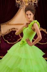 Flowers Strap Lemon Green Layers Organza Skirt Quinceanera Dress