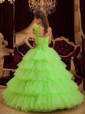 Flowers Strap Lemon Green Layers Organza Skirt Quinceanera Dress