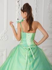 Single Shoulder Apple Green Prom Gown With Hand Made Flowers