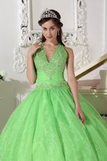 2019 Spring Green Halter Floor Length Quinceanera Ball